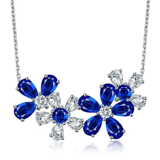 925 Silver Jewelry Sterling Diamond Flowers Pendant Simulated Sapphire Necklace for Her Birthday Gift Affordable Trendy