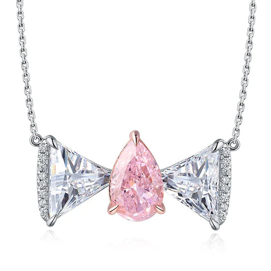 Bow Tie Shape 3 Carat Pear Cut Simulated Diamond Pendant Sterling Silver 925 Necklace Pink Romantic Jewelry