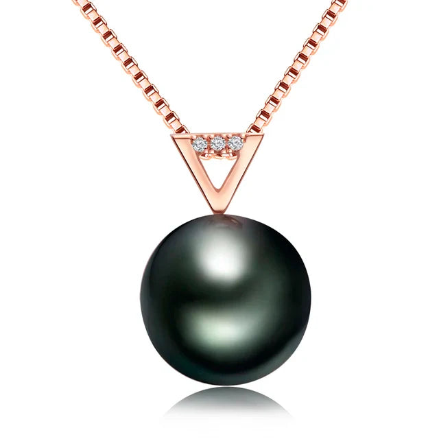 18K Solid Gold Chain Necklaces Bling Diamond Black Pearl Pendant Necklace Hollow Triangle Natural Tahiti Pearls Jewerly