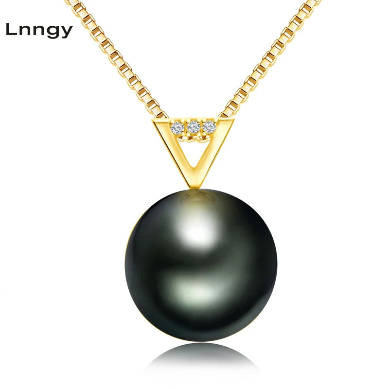 18K Solid Gold Chain Necklaces Bling Diamond Black Pearl Pendant Necklace Hollow Triangle Natural Tahiti Pearls Jewerly